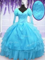 Vintage Baby Blue Ball Gowns V-neck Long Sleeves Organza Floor Length Lace Up Embroidery Quinceanera Gowns(SKU PSSW096-9BIZ)