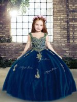 Cheap Floor Length Lace Up Little Girl Pageant Dress Blue for Party and Wedding Party with Appliques