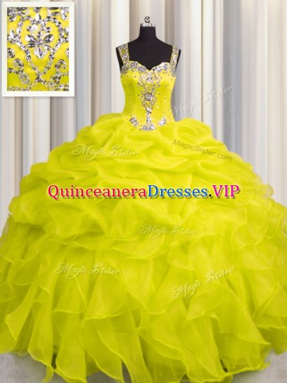 See Through Zipper Up Yellow Sleeveless Floor Length Appliques and Ruffles Zipper 15 Quinceanera Dress - Click Image to Close