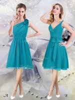 Custom Fit One Shoulder Knee Length Empire Sleeveless Teal Quinceanera Court of Honor Dress Side Zipper