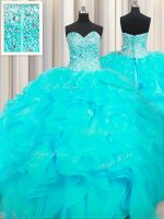 High End Visible Boning Beaded Bodice Floor Length Ball Gowns Sleeveless Aqua Blue Sweet 16 Dresses Lace Up
