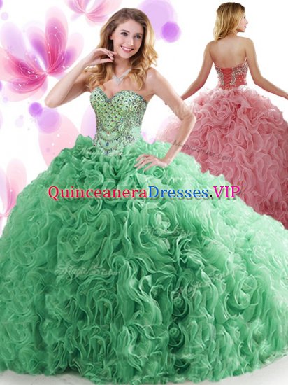 Flare Turquoise Lace Up Sweetheart Beading and Ruffles Quinceanera Gown Organza and Fabric With Rolling Flowers Sleeveless Sweep Train - Click Image to Close