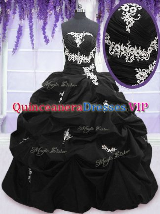 Fashionable Black Ball Gowns Strapless Sleeveless Taffeta Floor Length Lace Up Appliques and Pick Ups Military Ball Gowns
