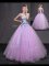 Lilac Tulle Lace Up V-neck Sleeveless Floor Length Sweet 16 Dresses Appliques and Belt