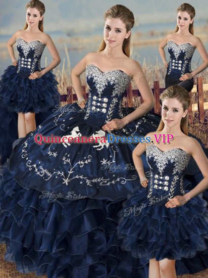Suitable Navy Blue Sleeveless Floor Length Embroidery and Ruffles Lace Up Quinceanera Gown - Click Image to Close