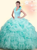 Apple Green High-neck Neckline Beading and Ruffles and Pick Ups Quince Ball Gowns Sleeveless Backless(SKU SJQDDT829002-1BIZ)