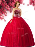 Red Tulle Lace Up Sweetheart Sleeveless Floor Length Casual Dresses Beading