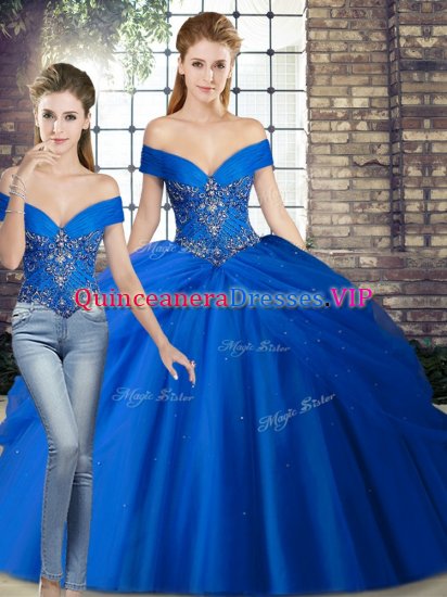 Hot Selling Beading and Pick Ups Quinceanera Gown Royal Blue Lace Up Sleeveless Brush Train - Click Image to Close