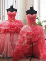 Three Piece Beading and Ruffled Layers Quinceanera Gown White and Coral Red Lace Up Sleeveless Brush Train(SKU PSSW0130KC002BIZ)
