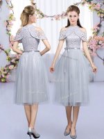 Exceptional High-neck Sleeveless Zipper Dama Dress for Quinceanera Grey Tulle