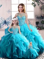 Perfect Aqua Blue Ball Gowns Beading and Ruffles Ball Gown Prom Dress Lace Up Tulle Sleeveless Floor Length