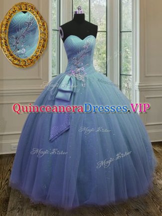 Beading and Ruching Quince Ball Gowns Blue Lace Up Sleeveless Floor Length