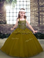 Olive Green Ball Gowns Straps Sleeveless Tulle Floor Length Lace Up Beading Kids Formal Wear
