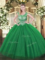 Romantic Ball Gowns Vestidos de Quinceanera Dark Green Scoop Tulle Sleeveless Floor Length Lace Up