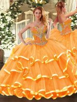 Deluxe Orange Ball Gowns Beading and Ruffled Layers 15 Quinceanera Dress Lace Up Organza Sleeveless Floor Length