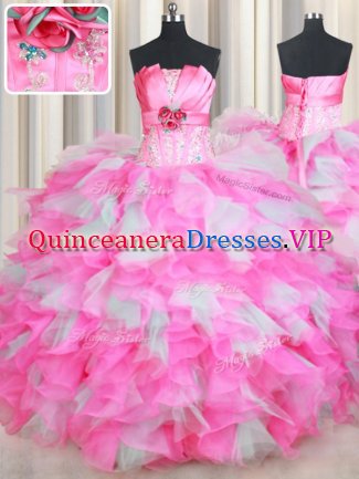 Vintage Pink And White Ball Gowns Organza and Tulle Strapless Sleeveless Beading and Ruffles and Hand Made Flower Floor Length Lace Up Quinceanera Dresses