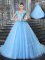 Straps Light Blue Sleeveless Tulle Brush Train Lace Up Quince Ball Gowns for Military Ball and Sweet 16 and Quinceanera