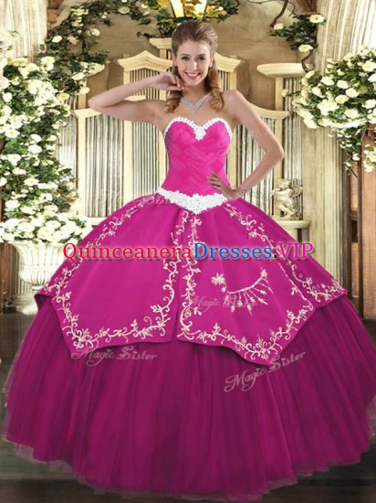 Flare Satin and Tulle Sweetheart Sleeveless Lace Up Appliques and Embroidery Sweet 16 Dress in Fuchsia - Click Image to Close