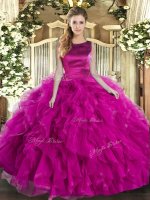 Smart Sleeveless Tulle Floor Length Lace Up Sweet 16 Dress in Fuchsia with Ruffles