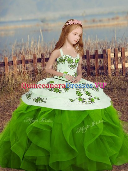 Green Kids Pageant Dress Party and Sweet 16 and Wedding Party with Embroidery and Ruffles Spaghetti Straps Sleeveless Lace Up - Click Image to Close