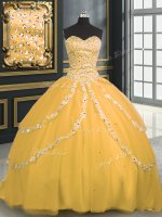 Brush Train Ball Gowns Military Ball Gowns Gold Sweetheart Tulle Sleeveless With Train Lace Up
