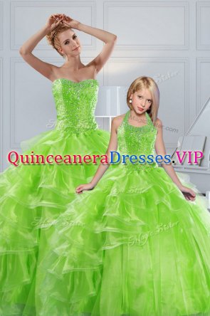 Organza Lace Up Sweet 16 Quinceanera Dress Sleeveless Floor Length Beading and Ruffled Layers