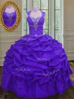 Straps Eggplant Purple Ball Gowns Beading and Pick Ups Sweet 16 Quinceanera Dress Lace Up Taffeta Sleeveless Floor Length