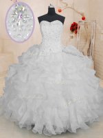 Latest White Organza Lace Up Sweetheart Sleeveless Floor Length Sweet 16 Dresses Beading and Ruffles