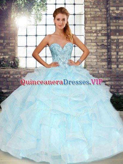 Fine Light Blue Sleeveless Floor Length Beading and Ruffles Lace Up Ball Gown Prom Dress - Click Image to Close