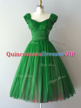 A-line V-neck Short Sleeves Chiffon Knee Length Lace Up Ruching Dama Dress