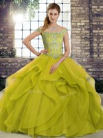 Sleeveless Beading and Ruffles Lace Up Quinceanera Dress with Olive Green Brush Train(SKU SJQDDT2108002-6BIZ)