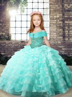 Fashionable Sleeveless Organza Brush Train Lace Up High School Pageant Dress in Apple Green with Ruffled Layers