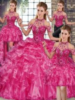 Customized Sleeveless Floor Length Beading and Ruffles Lace Up Ball Gown Prom Dress with Fuchsia