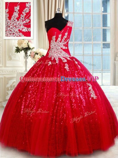 High End Red Ball Gowns Tulle One Shoulder Sleeveless Beading and Appliques Floor Length Lace Up Quince Ball Gowns - Click Image to Close