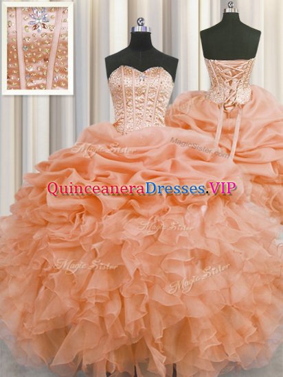 Pick Ups Visible Boning Sweetheart Sleeveless Lace Up Quinceanera Gowns Orange Organza - Click Image to Close