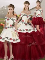 Beauteous Wine Red Lace Up Off The Shoulder Embroidery and Ruffled Layers 15 Quinceanera Dress Tulle Sleeveless Brush Train