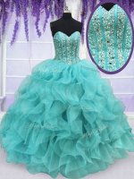 Sleeveless Floor Length Beading and Ruffles Lace Up Quinceanera Gown with Aqua Blue(SKU PSSW045BIZ)