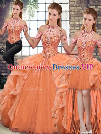 Orange Sleeveless Beading and Ruffles Floor Length Sweet 16 Dresses