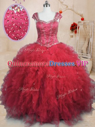Wonderful Tulle Square Cap Sleeves Lace Up Beading and Ruffles Quince Ball Gowns in Red