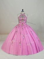 Halter Top Sleeveless Tulle Quinceanera Dresses Appliques and Embroidery Brush Train Lace Up