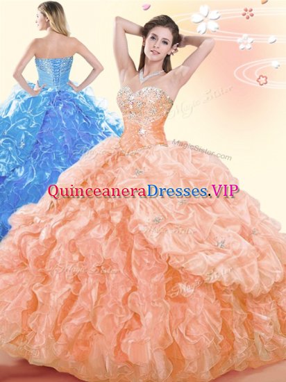 Fancy Organza Sweetheart Sleeveless Lace Up Beading and Ruffles and Pick Ups Sweet 16 Quinceanera Dress in Orange - Click Image to Close