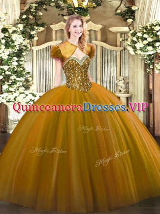 Sleeveless Tulle Floor Length Lace Up Quinceanera Dress in Brown with Beading