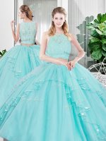 Floor Length Aqua Blue 15th Birthday Dress Tulle Sleeveless Lace and Ruffled Layers