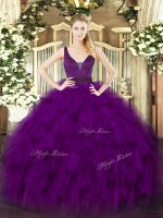 Cute Purple Straps Neckline Beading and Ruffles 15th Birthday Dress Sleeveless Zipper
