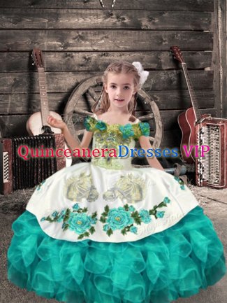 Fantastic Off The Shoulder Sleeveless Little Girl Pageant Gowns Floor Length Beading and Embroidery and Ruffles Turquoise Organza