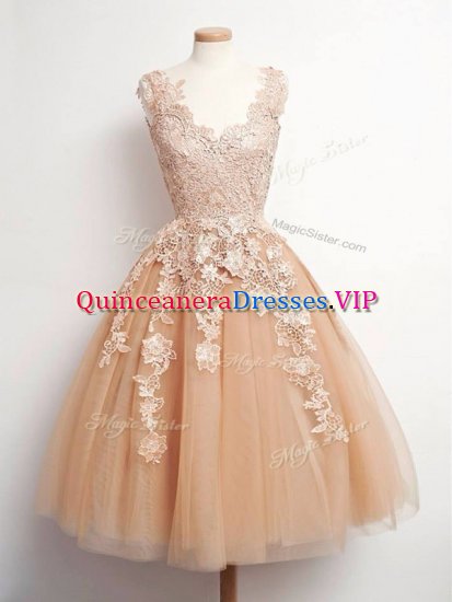 Pretty Tulle V-neck Sleeveless Lace Up Lace Quinceanera Dama Dress in Champagne - Click Image to Close