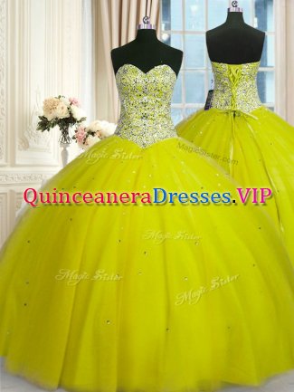 Floor Length Yellow Green Quinceanera Dresses Tulle Sleeveless Beading and Sequins
