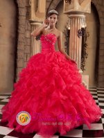 Saint Clairsville Ohio/OH Sweet Strapless Coral Red Ball Gown Sweetheart Floor-length Ruffles and Beading Organza Quinceanera Dress