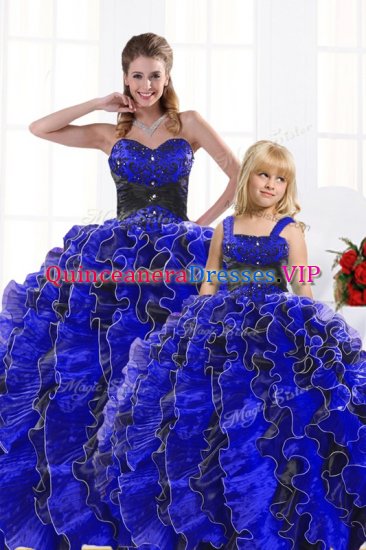 Sweetheart Sleeveless Quinceanera Gowns Floor Length Beading and Appliques and Ruffles Royal Blue Organza - Click Image to Close