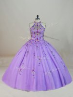 Lavender Quinceanera Gowns Halter Top Sleeveless Brush Train Lace Up